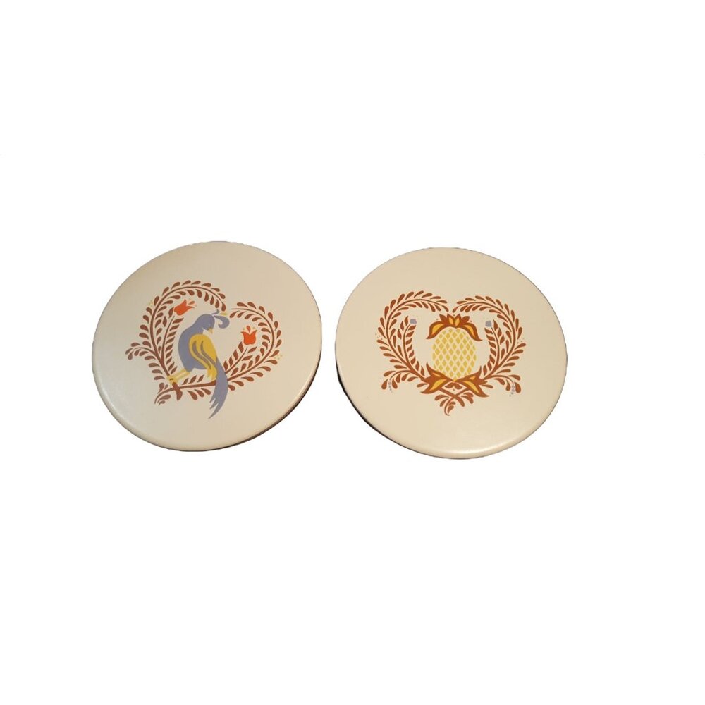 Vintage Mid-State Tiles Lot of 2 Trivets 6" Round MCM Hearts Birds Pineapple